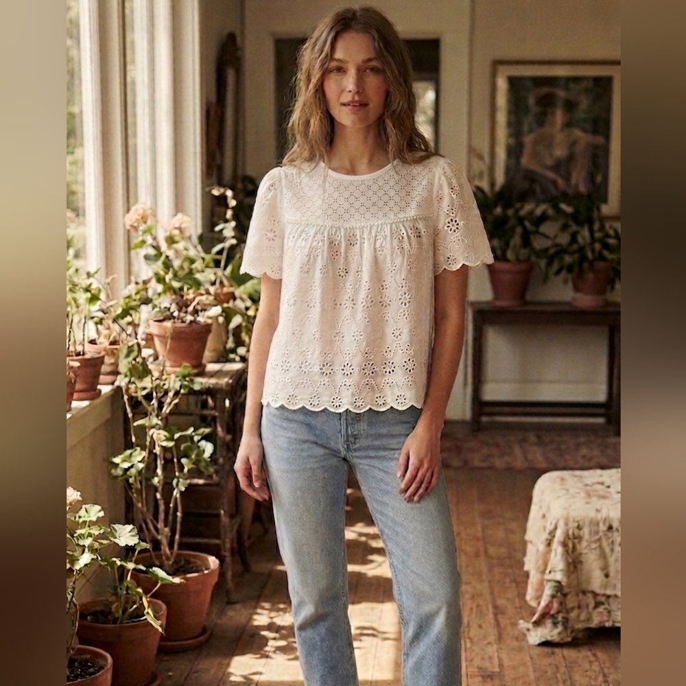 Denver Hayes 100% Cotton White Eyelet Blouse